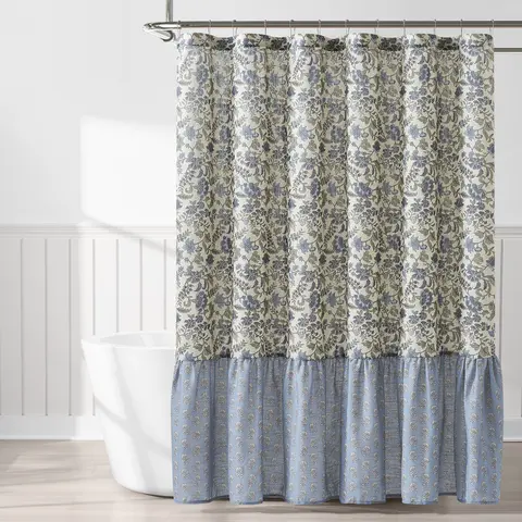 LUSH DÉCOR Linen-Blend Shower Curtain 72 x 72 in - Lillian Block Print Vintage Floral, Ruffled Bottom, 12-Button Hang, Machine Washable, Blue & Sage, Fabric Curtain for Bathroom Guest or Primary
