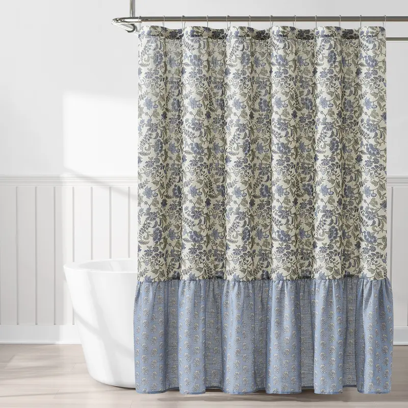 LUSH DÉCOR Linen-Blend Shower Curtain 72 x 72 in - Lillian Block Print Vintage Floral, Ruffled Bottom, 12-Button Hang, Machine Washable, Blue & Sage, Fabric Curtain for Bathroom Guest or Primary