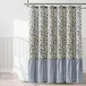 LUSH DÉCOR Linen-Blend Shower Curtain 72 x 72 in - Lillian Block Print Vintage Floral, Ruffled Bottom, 12-Button Hang, Machine Washable, Blue & Sage, Fabric Curtain for Bathroom Guest or Primary