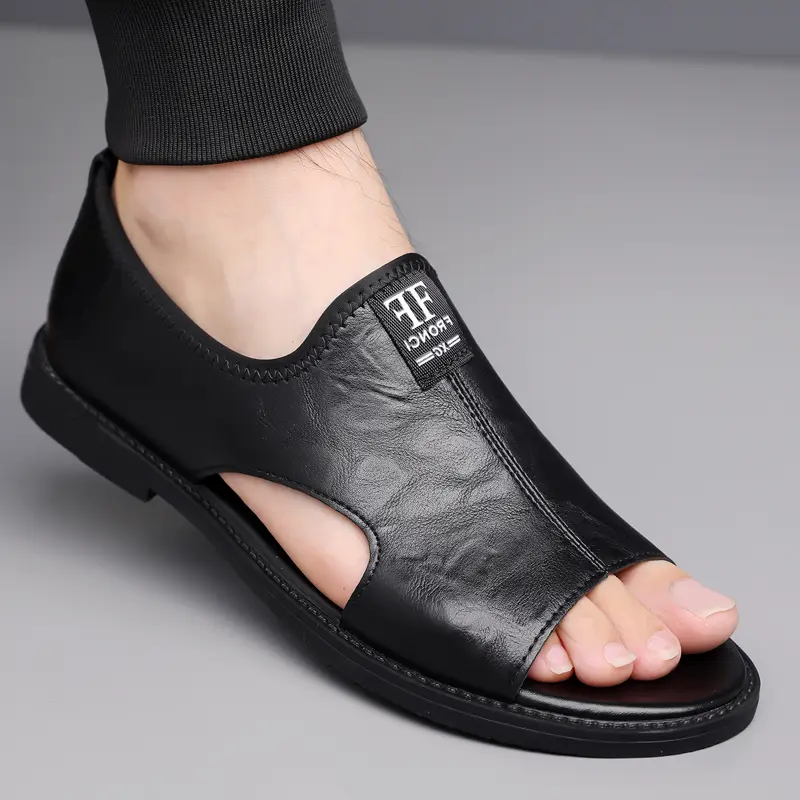Men's Stylish Black Open-Toe Slide Sandals - Lightweight Comfortable Rubber Sole for Daily Wear Beach & Outdoor Activities Walking Shoes