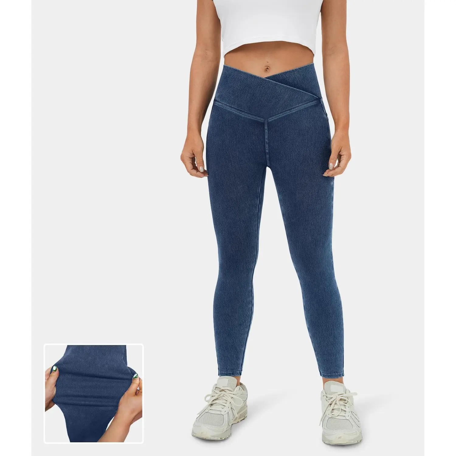 Halara Flex Crossover Side Pocket Washed Stretchy Knit Denim Work Leggings #BackToSchool