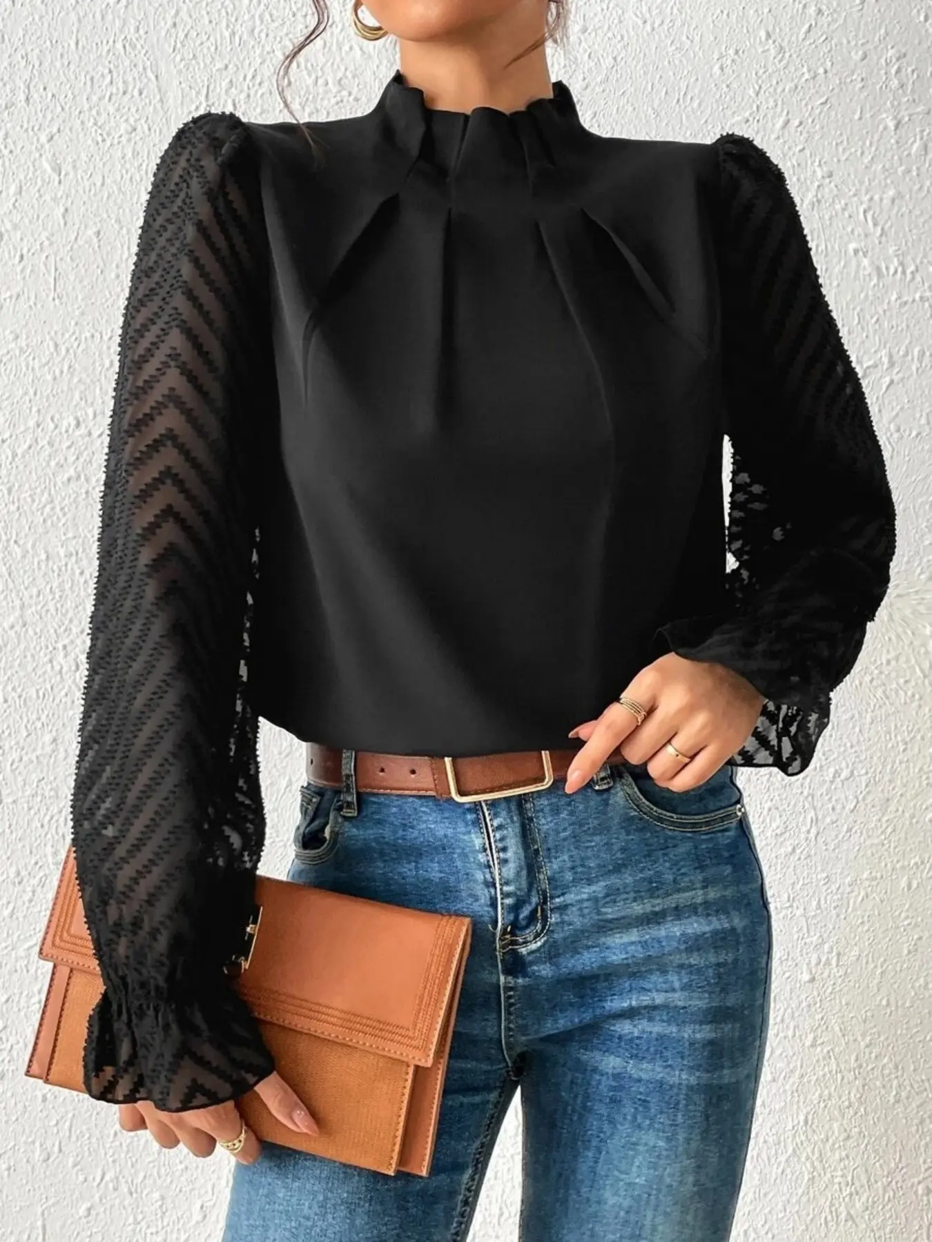 Women's Fashion New Elegant Chic Half High Neck Patchwork Wave Pattern Long Sleeve Top Blouse Shirt, Suitable for Spring Summer, Casual Commute Wear, Boho Chic Sleeve
