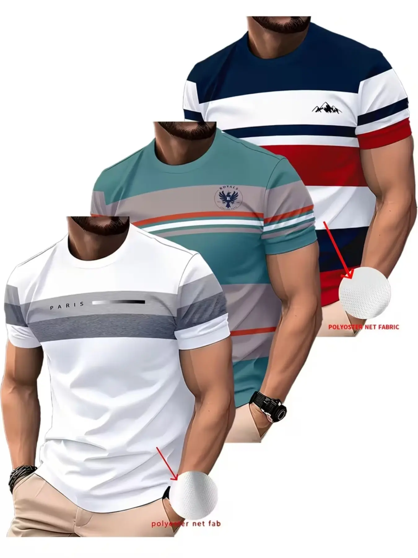3-Pack Plus Size Men's T-Shirts, Lightweight Polyester, Relaxed Fit, Casual Round Neck, Short Sleeve, All-Over Print, Summer Fashion, Perfect Gift, Casual Summer Clothing, Casual Menswear