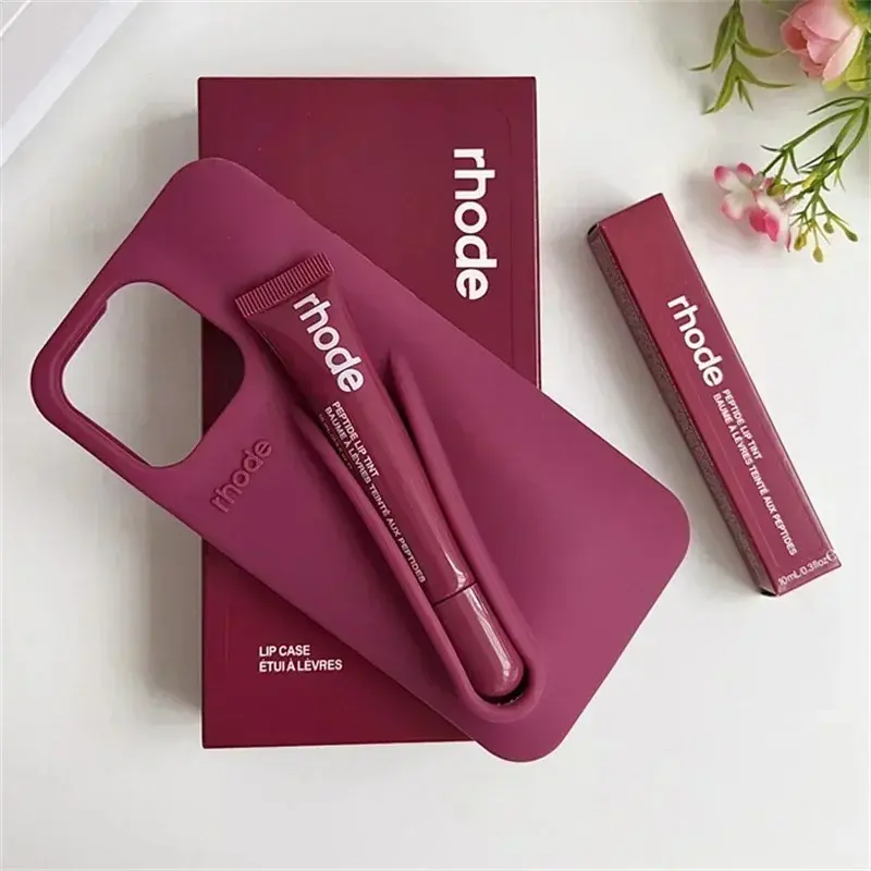 RHODE Lip Gloss Phone Case for iPhone 11 12 13 14 15 16 17 Pro Max, Shockproof Silicone Protective Cover with Beauty Storage Holder