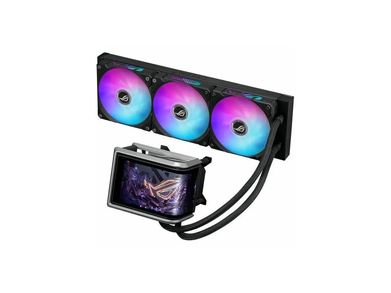 ASUS ROG RYUO IV 360 ARGB with movable curved 6.67-inch AMOLED display that supports 3D-effect video or customizable system stats, plus Asetek Emma Gen8 V2 pump and pre-mounted daisy-chained ARGB fans