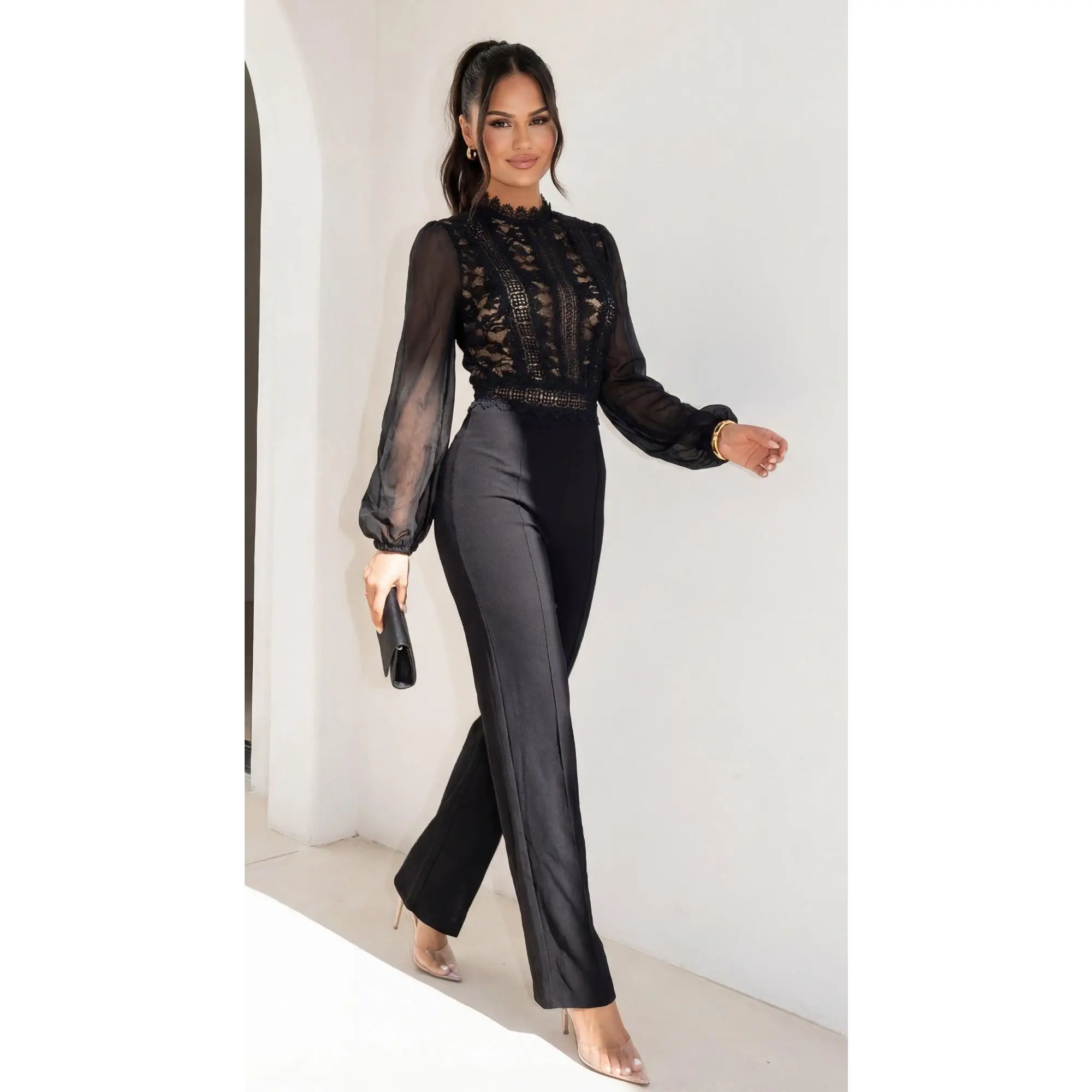 Nerine Crochet Lace Mesh Jumpsuit - Black