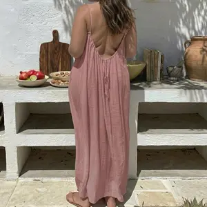 Women’s Plus Size Solid Color Spaghetti Strap Backless Cami Dress, Sleeveless Summer Beach Vacation Dress, Comfortable & Flowy