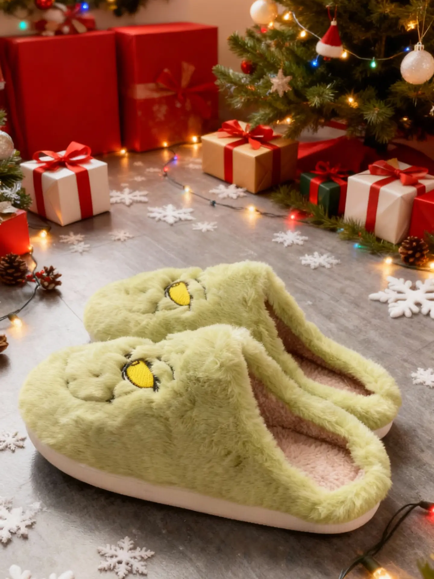 Women's 3D Fluffy Plush Cotton Ankle Slippers - Slip-On, Round Toe, Funny Green Monster Design, Breathable, Non-Slip Warm Home Footwear for Couples, Soft