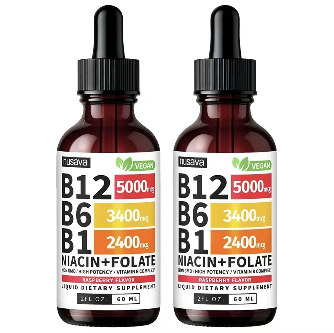 2 Bottles NUSAVA Vitamin B12 LiquidSupplement Drops with B6, B1, Niacin &Folate - Edible Support for Energy, Brain &Heart, Non-GMO & Gluten-Free, 4 FI OzFitness Dietary