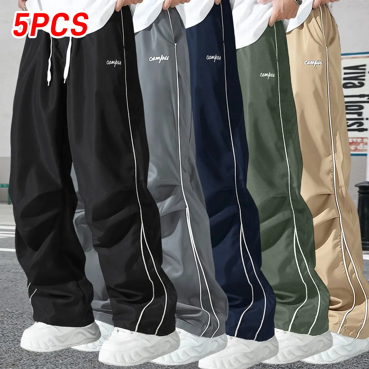 5-piece set of men’s high-street style wide-leg pants with side stripes and a lace-up design, featuring a printed pattern, available in multiple colors; loose, drapey athletic casual pants suitable for everyday wear.
