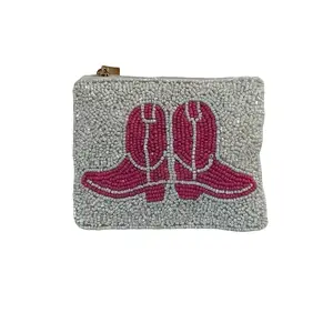 Coin Beaded Purse with Pink Cowboy Boot Design - Small Accessory for Coin Storage