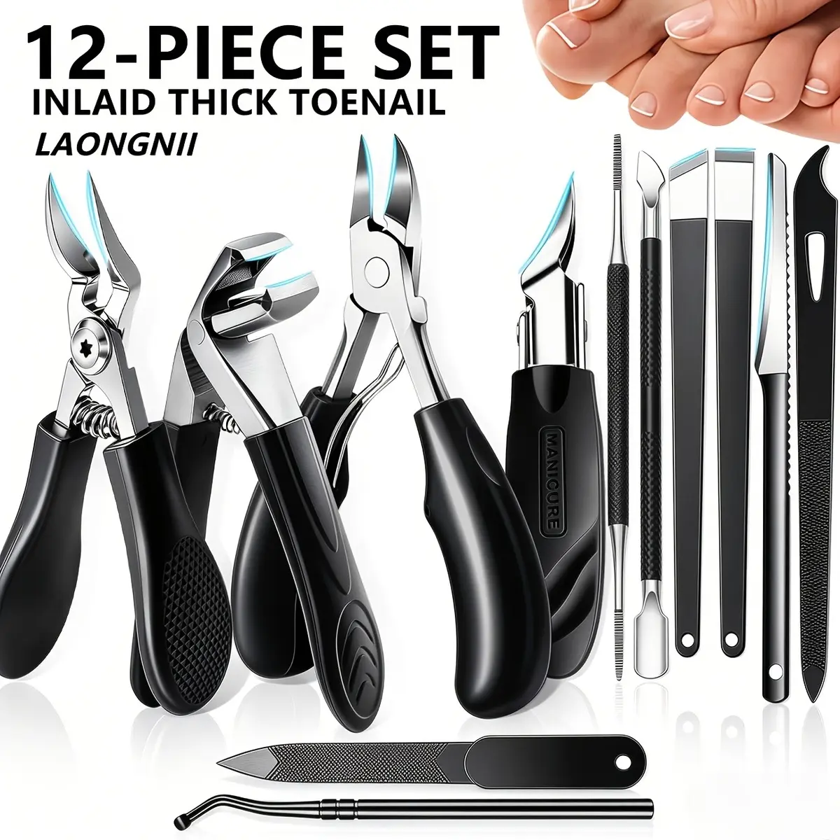 12PCS Heavy Duty Stainless Steel Toenail Clippers Set - Professional Nail Care Kit with Ingrown Toenail File Pedicure Tool, Safe Trimming Scissors for Thick Hard Nails