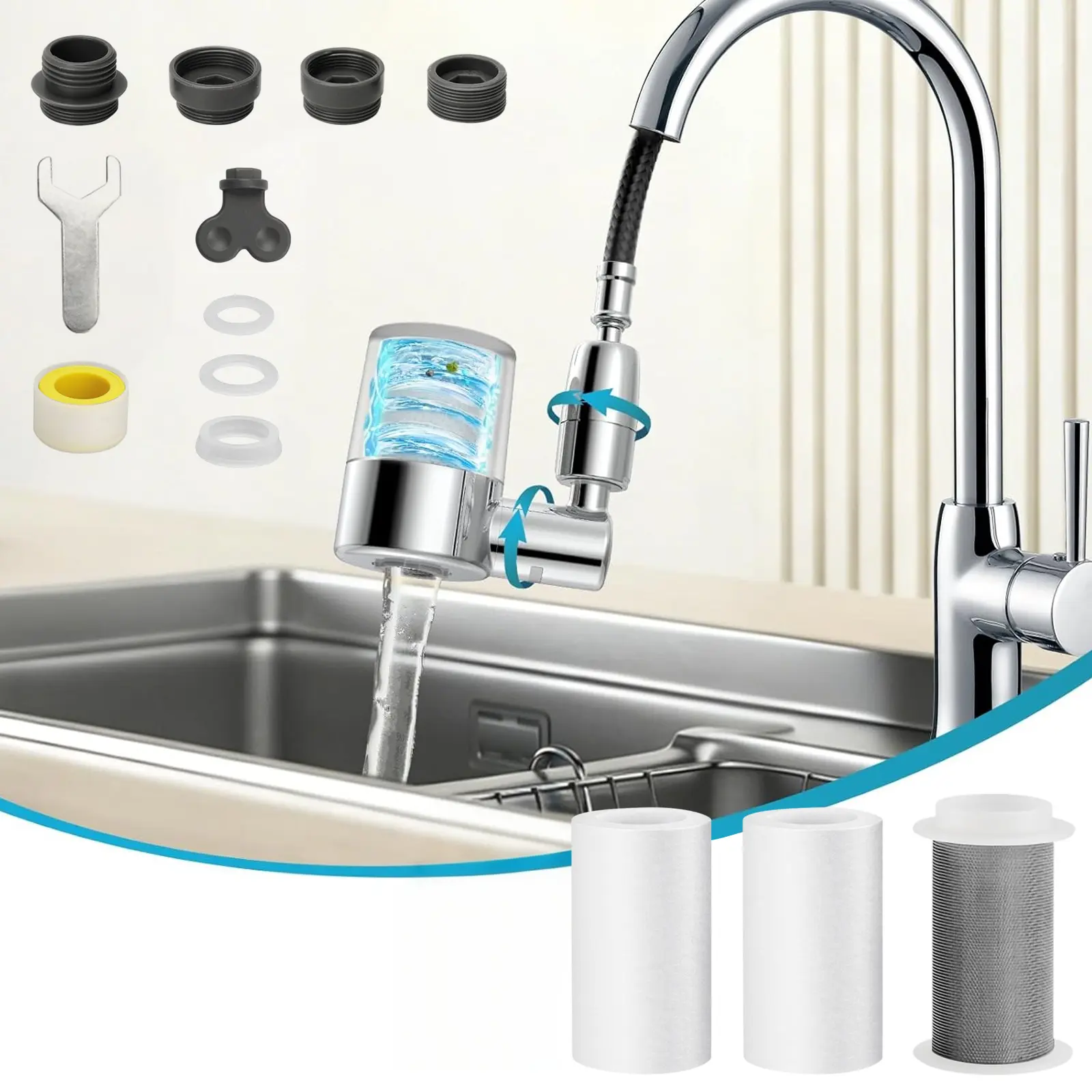 Faucet-Mounted Filter Extender with Rotating Water Outlet & Anti-Splash Design - 3 Free Filter, Captures 99% Impurities, Universal Fit for Most Pull-Out Faucets in Kitchens, Bathrooms Easy-to-Install Water Filtration Solution That Reduces Splatters