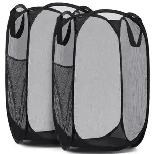 LMMAKE Upgraded Collapsible Mesh Pop Up Laundry Hamper with Sturdy Handles & Side Pocket Portable Foldable Clothes Baskets for Dorm Bathroom Travel Storage Black
