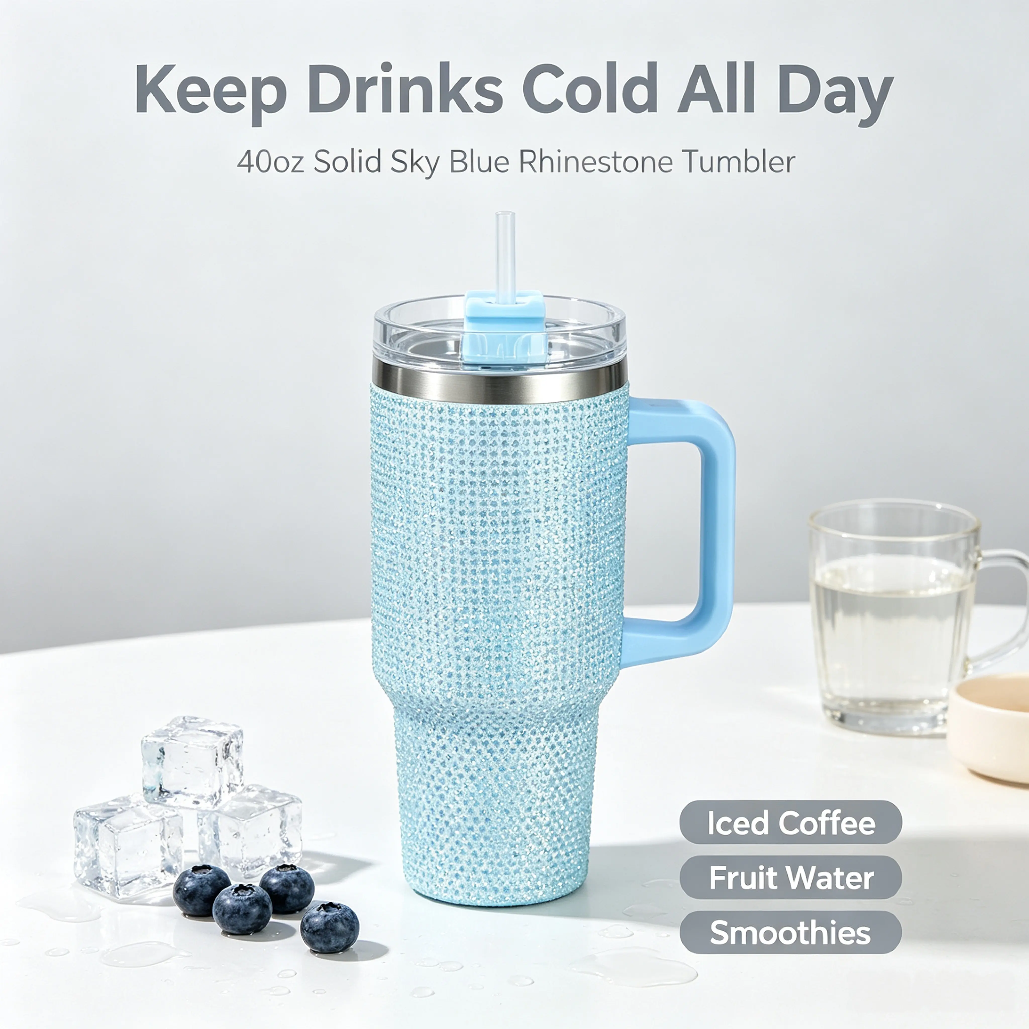 Large 40oz Sky Blue Stainless Steel Insulated Tumbler - 1,000-2,000ml (1L+), Crystal-Studded Ab Shimmer Rhinestones, Leak-Proof, Handle & Straw Lid, 6-8hr Hot Drink Retention, Women's Gift (Kitchenware Drinkware)