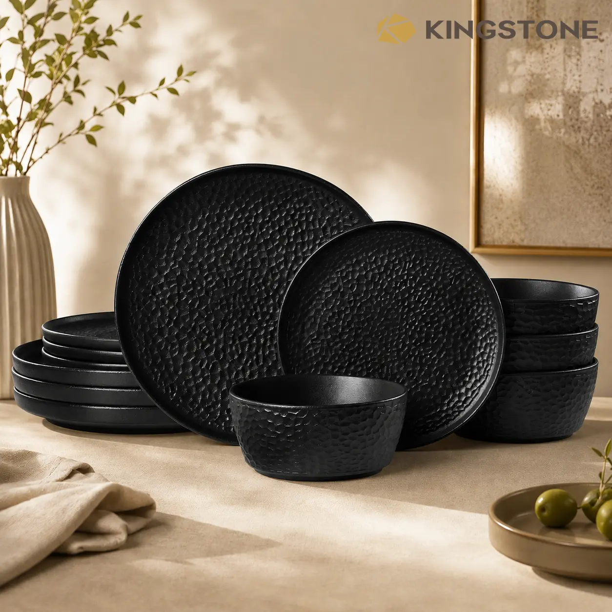 KINGSTONE Ceramic Porcelain Dinnerware Set - Obsidian & Ivory Stonefall Collection, Hammered Texture - Shatter-Resistant, Microwave-Dishwasher-Oven Safe Tableware for Daily Use, Wedding Banquet Gifting Dinner Sets, Casual Dinner Sets, Model 11306