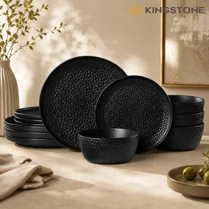 KINGSTONE Hammered Texture Ceramic Porcelain Dinnerware Set, Microwave Dishwasher Oven Safe Tableware Ideal for Daily Use, Wedding Banquet & Gifting, Model 11306