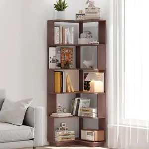 6-Tier L-Shaped Corner Wooden Bookshelf, 90° Wall-Mounted 15mm Wood Grain Particle Board Storage Shelves, Anti-Tipping Space Saver for Home Office