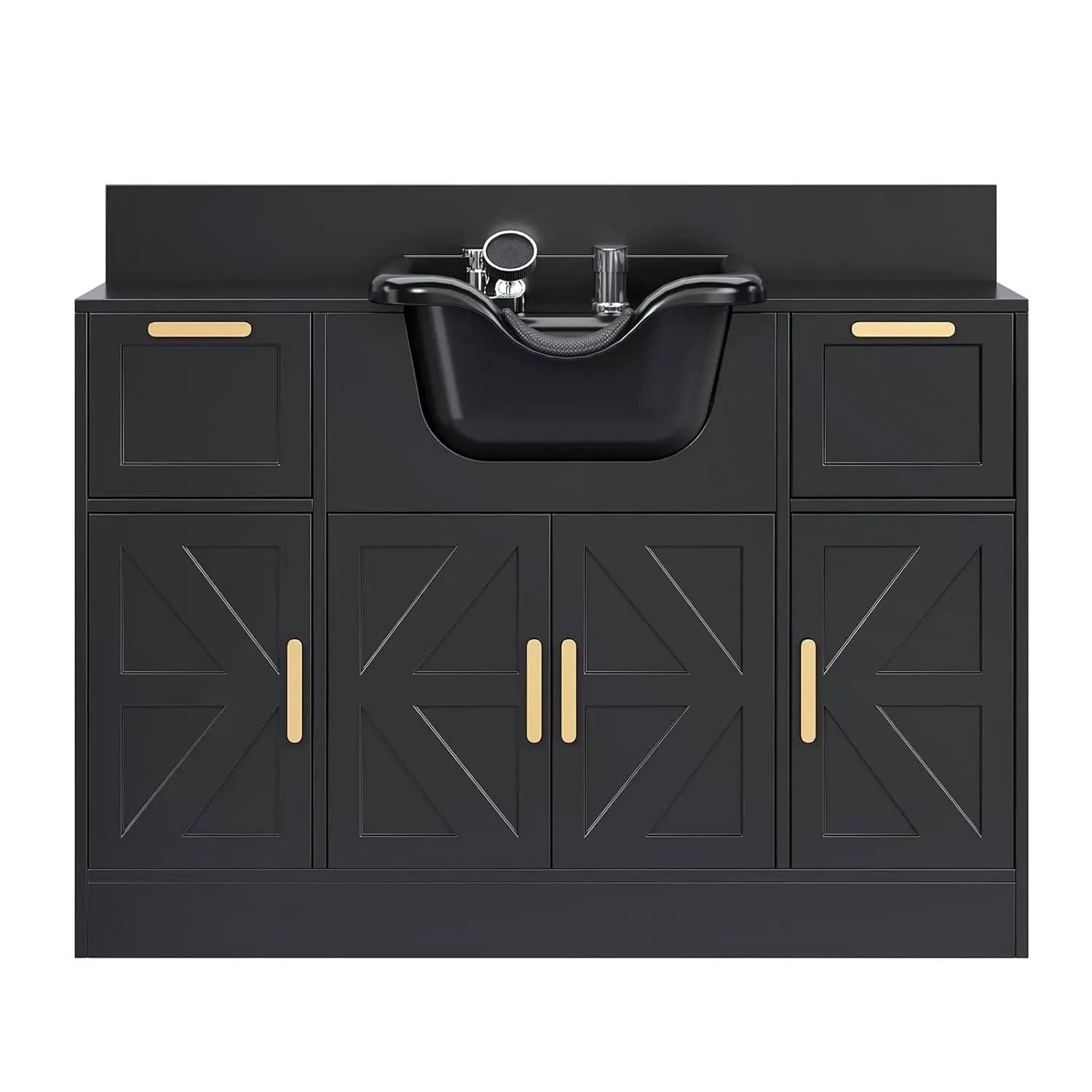 OmySalon Commercial Barber Station for Hair Stylists - Black Salon Furniture with Storage Cabinet, Shampoo Bowl, Shampoo Basin, Drawer, Backwash Sink, UPC-Certified Sprayer Faucet