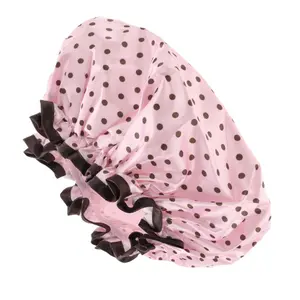 Unique Bargains 1pc Women's Double Layer Dots Shower Cap for Bathroom Vacation Travel