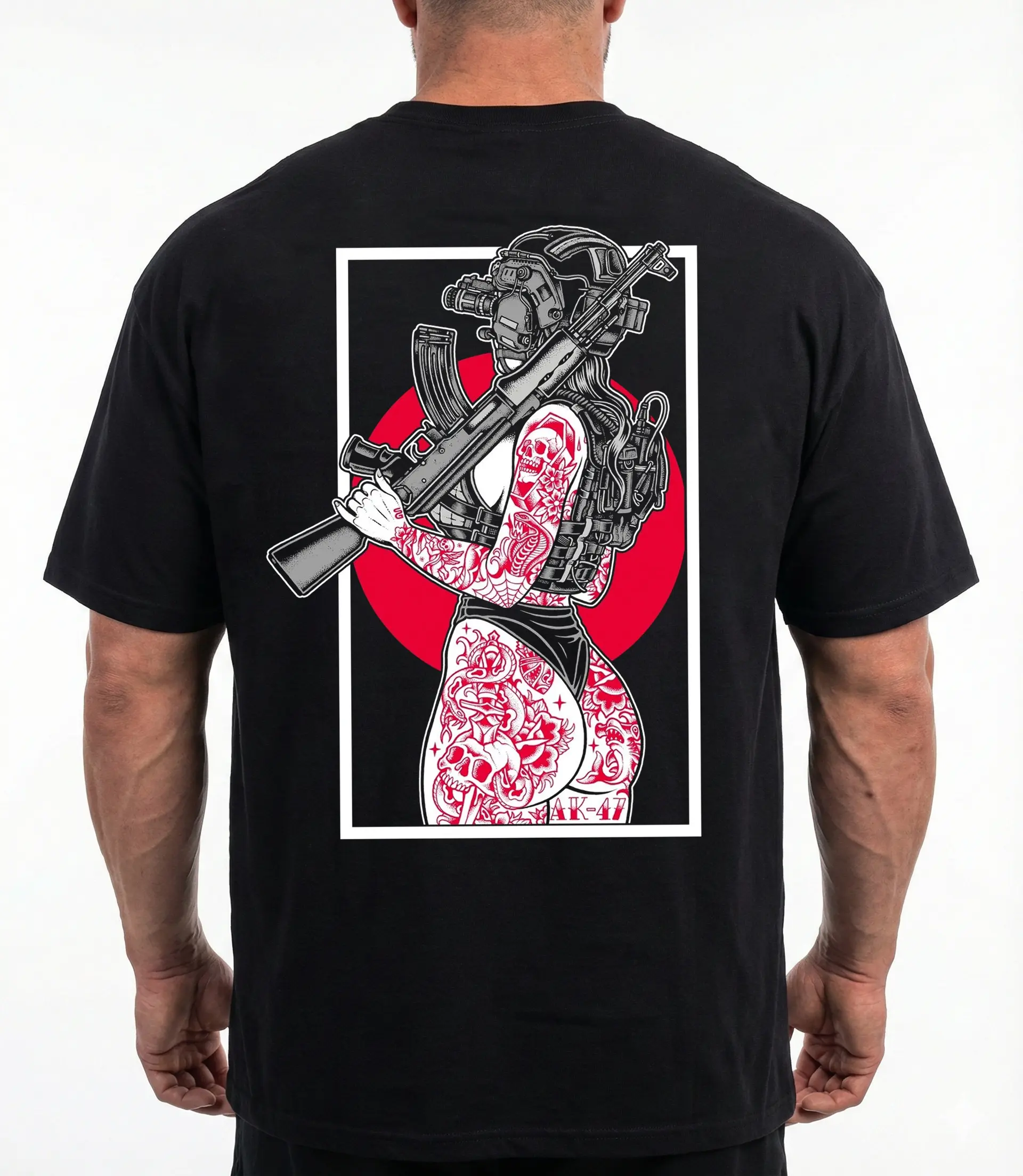 Military Tattoo Girl T-Shirt, Tactical Tee, Rifle Menswear Shirt Top Streetwear