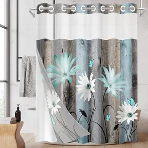 THE WELL KEPT No Hook Rustic Farmhouse Shower Curtain with Snap in Fabric Liner Set, Teal Daisy Flowers and Butterfly on Wooden Double Layers Waterproof with See Through Top Bath Curtain 71x74 Inch