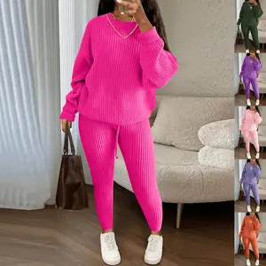 Women's 2-Piece Casual Winter Ribbed Knit Suit, Polyester Fabric Loose Pullover Sweater Top with Belt & Drawstring Pants, Women's Clothes