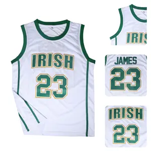 Men's #23 James High School Basketball Jersey Breathable Mesh Fabric Crew Neck with Green Trim Embroidered Letters & Numbers Lightweight Top for Game Day & Training summervibes gym clothing