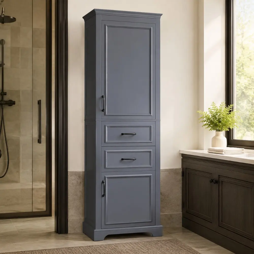 Littleox 71-inch tall freestanding bathroom vanity with damping-hinge doors and drawers, featuring a modern elegant design. Includes adjustable shelves, a fixed shelf, and space-saving storage.