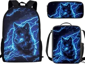 Vintage Distressed American Flag Forest Wolf 3Pcs Kids Backpack Set, Waterproof Large Capacity School Bag with Insulated Lunch Box & Pencil Pouch, Patriotic Wild Wolf Print Student Bookbag for Boys Teen Outdoor Hunting