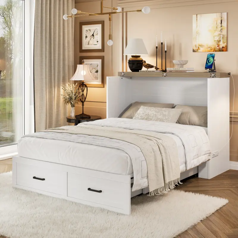 [Bellemave]Murphy Bed Cabinet Full Size with Charging Station, Multi-Functional Foldable Platform Bed with 1 Large Storage Drawer for Guest Room, Small Bedroom, White