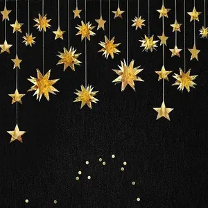 Gold Party Decorations Star Garlands Streamer Gold 3D Stars Metallic Paper Hanging Bunting Banner for Birthday /Wedding //Holiday /ChristmasParty