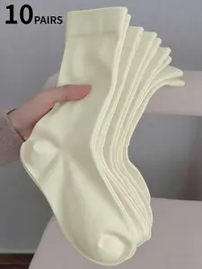 10 Pairs Women's Plain Wide-Cuff Comfortable Maternity Socks, Breathable Moisture-Wicking Mid-Calf Socks, All-Season Milk Crew Socks