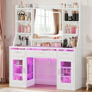 Vanity Desk with Mirror and RGB Lights, 42" Large Makeup Vanity with Glass Top, 2 Large Glass Cabinets, Power Outlet & 3 Drawers,  Adjustable Brightness for Bedroom, White