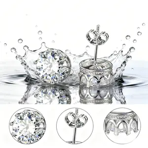 Shiny Simulated Diamond Crown Stud Earrings - Bright Silver-Tone, Lightweight Fashion Costume Jewelry Earrings womens gifts