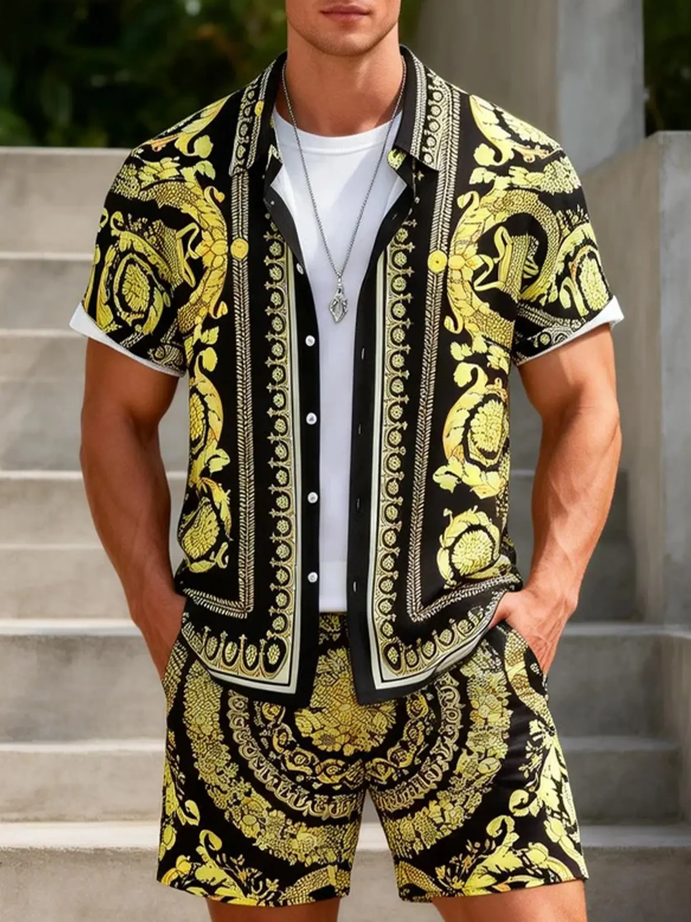Men's Baroque Print 2-Piece Outdoor Set - Short Sleeve Camp Collar Shirt & Matching Drawstring Shorts, Breathable Lightweight Fabric, Loose Fit for Hiking, Beach Days & Summer Outdoor Activities