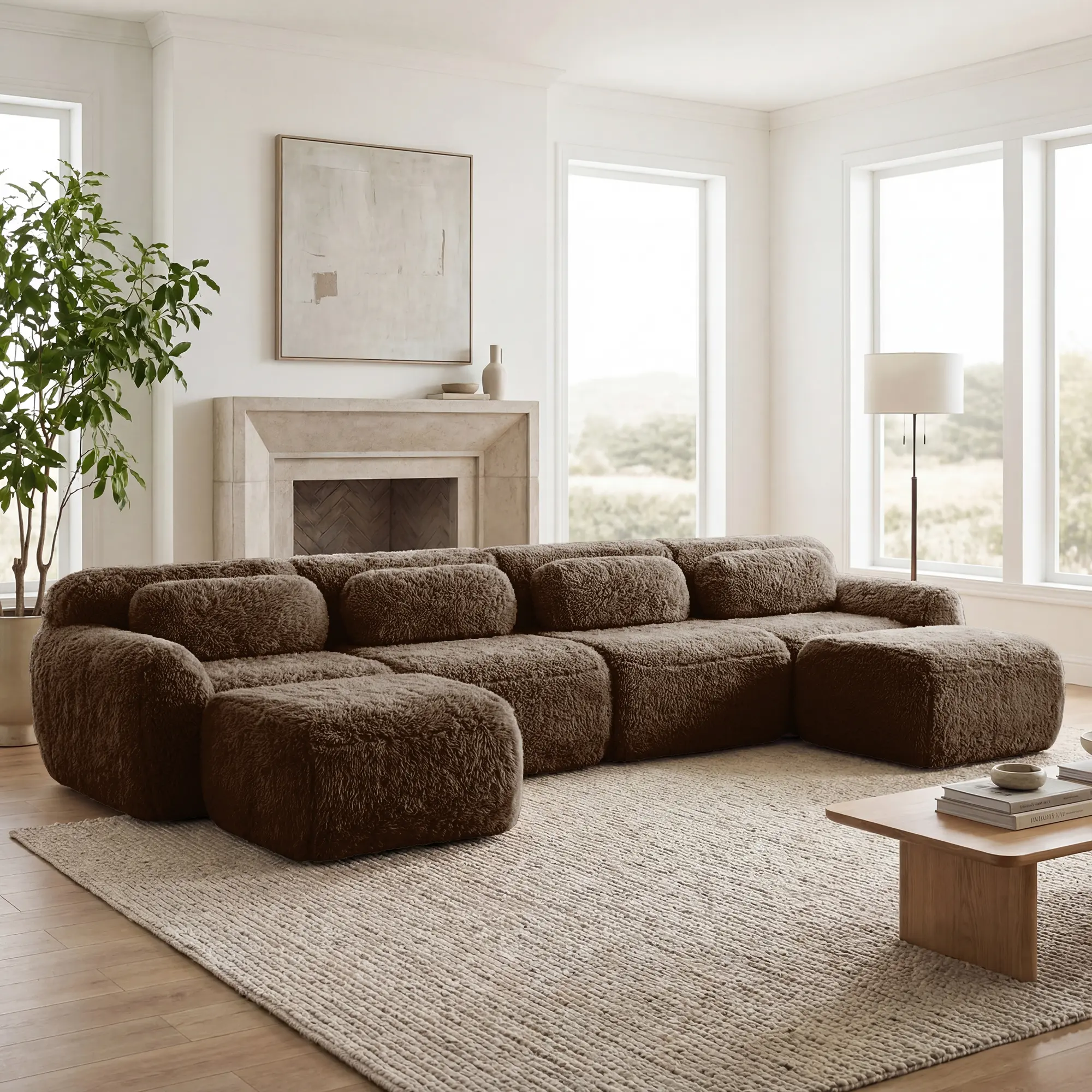 Eyisean 149" Modular Sectional Sofa with Ottoman - 4-Seater Plush Fabric Boneless Couch, Sponge Cloud-Like Touch Ergonomic Curved Set, Non-Slip Bottom, Pillows, No Assembly Required for Living Room, Apartment, Living Room Decor, Boneless Sectional Couch