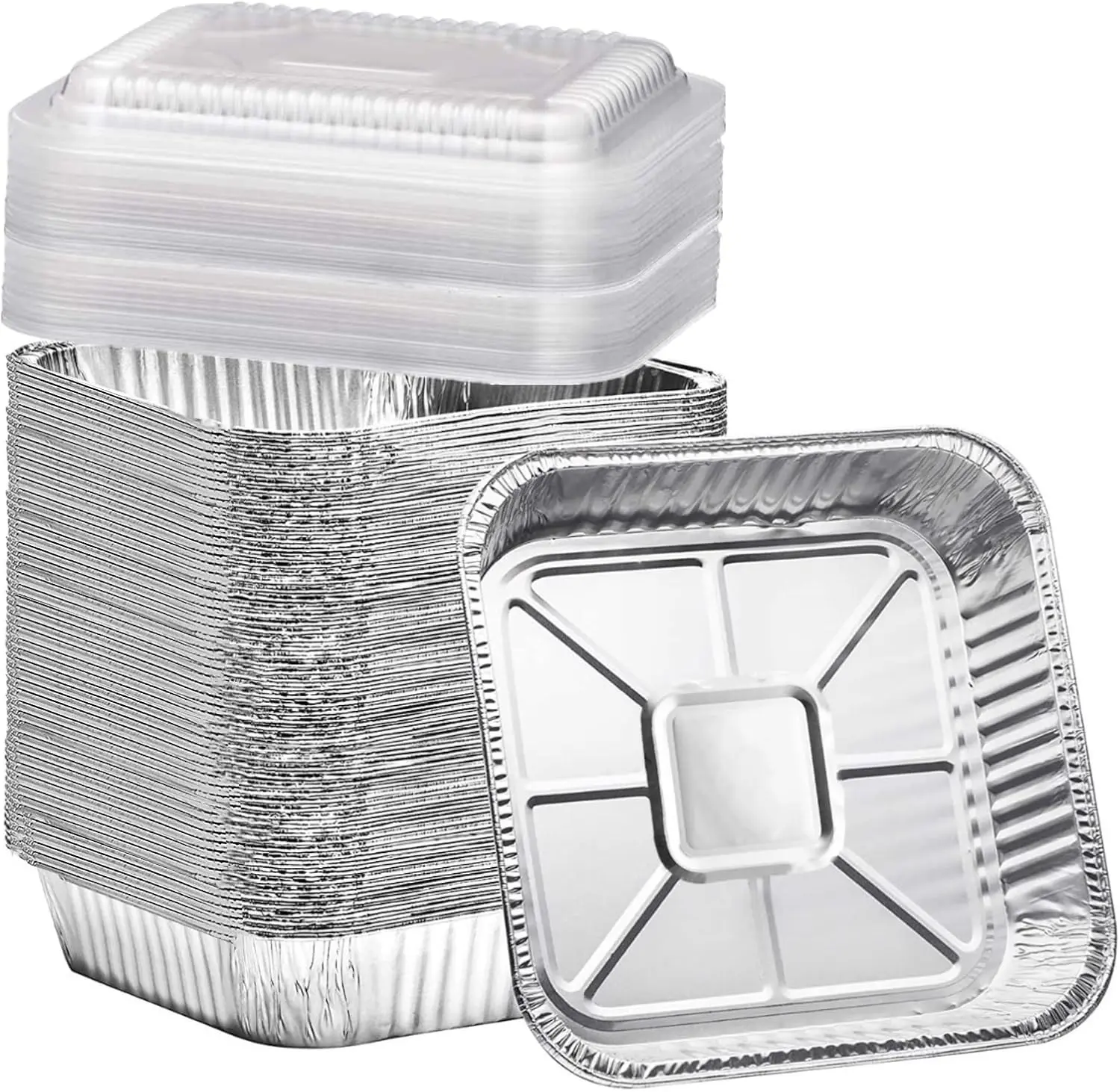 Sturdy 8x8” Square Aluminum Baking Cake Pans with Clear Plastic Lids (20-Pack) - Disposable Oven-Safe Cookware Takeout Foil Containers - Eco-Friendly, Recyclable for Cooking, Storing