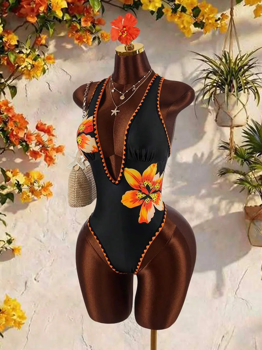 Ember x Amplova Women's Sexy Monochrome One Piece Swimsuit, Deep V-Neck Backless Bowknot Design, Sophisticated Look Suitable For Valentine's Day
