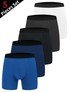 Men‘s 5 PCS/Pack Solid Mesh Breathable Boxer Briefs, Long Leg No Ride Up Moisture Wicking Quick Dry Cooling Stretch Underwear, Anti Chafe Athletic Performance Sports Boxers, Running Cycling Workout, Big Tall Loose Fit Assorted Colors