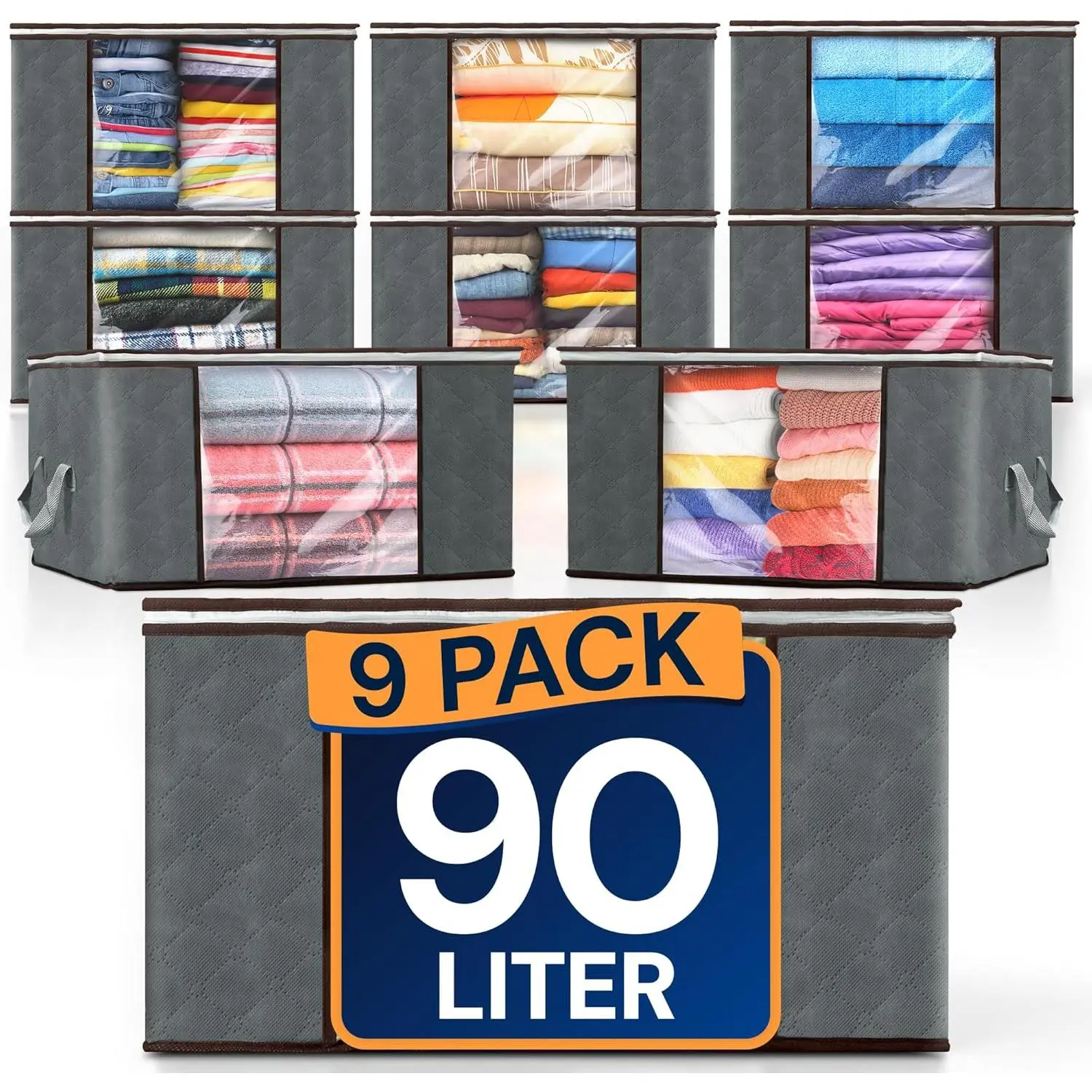 90L Large Clothes Storage Bags (9 Pack) Closet Organizers and Storage Containers | Foldable Bins with Lids & Handles | Large Bins for Towels, Comforters, Blankets | Grey