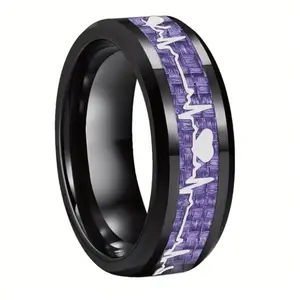 Men's Carbon Fiber Heartbeat Stainless Steel Ring, Comfortable Fit Engagement Ring, Can Be Worn Everyday Or Party, Holiday Jewelry Gift, Tungsten Ring
