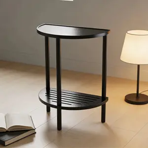 Half End Table-Black/small side table-Black，Modern Black Bamboo Side Table Half Round 2 Tier End Table for Small Spaces,corner upgrade