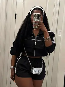 Women's Summer Crop Top Long Sleeve Zipper Colorblock Shirt, Matching Shorts Set, Sporty Two-Piece, Casual Fashion