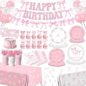 Pink Bow Birthday Party Supplies Serve 24, Birthday Decorations Include Bow Plates, Napkins, Cups, Banner, Tablecloth, Cake Topper, Balloons, Bow Theme Tableware for Girls Bachelorette Decor