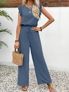 Two-piece women's basic solid color lace round neck fly sleeve sleeveless top   high-waisted straight-leg drawstring loose wide-leg thin set, suitable for summer, suitable for office commuting, leisure at home, gatherings and other occasions, Casual