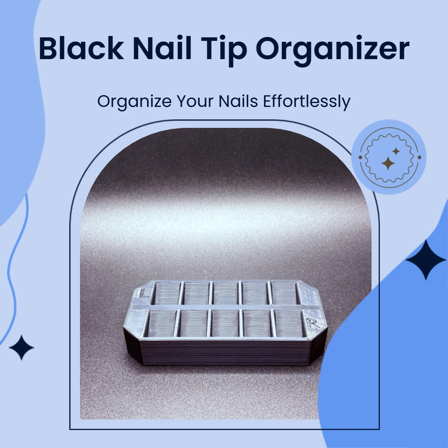 V & L prints Black Nail Tip Organizer, 10-Compartment Storage for Acrylics, Press-Ons & Gel Tips - Nail Care Pedicure Tool, Acrylic Nails
