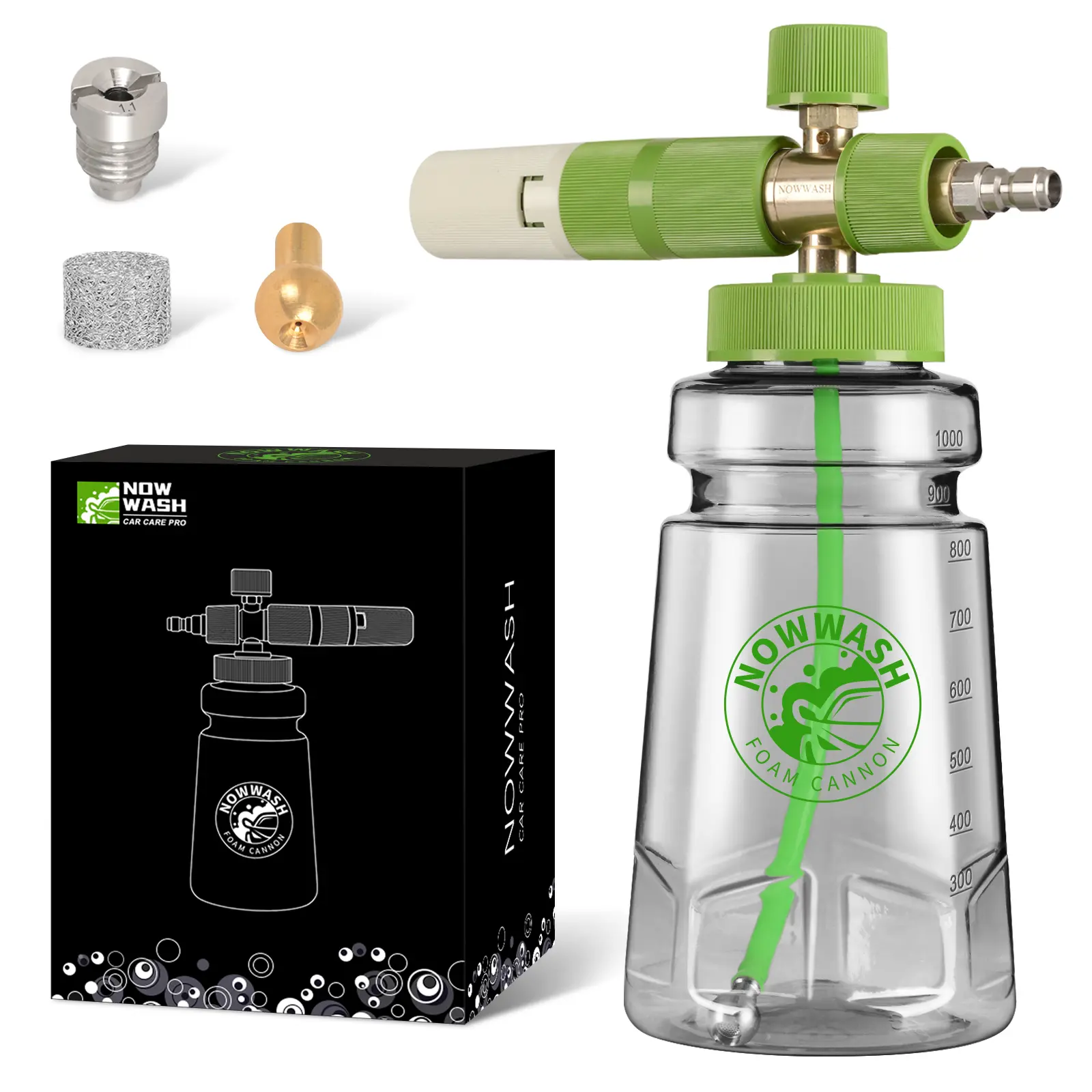 NowWash Pressure Washer Foam Cannon - 1/4” Quick Connector, Tool-Free 10.8x7.9 Inch ABS Body, Adjustable High-Pressure Nozzle, 1000ml Capacity, Dual Spout, Chemical Resistance, Universal Liquid Bottle Fit, Precision Engineering Foam Economizer
