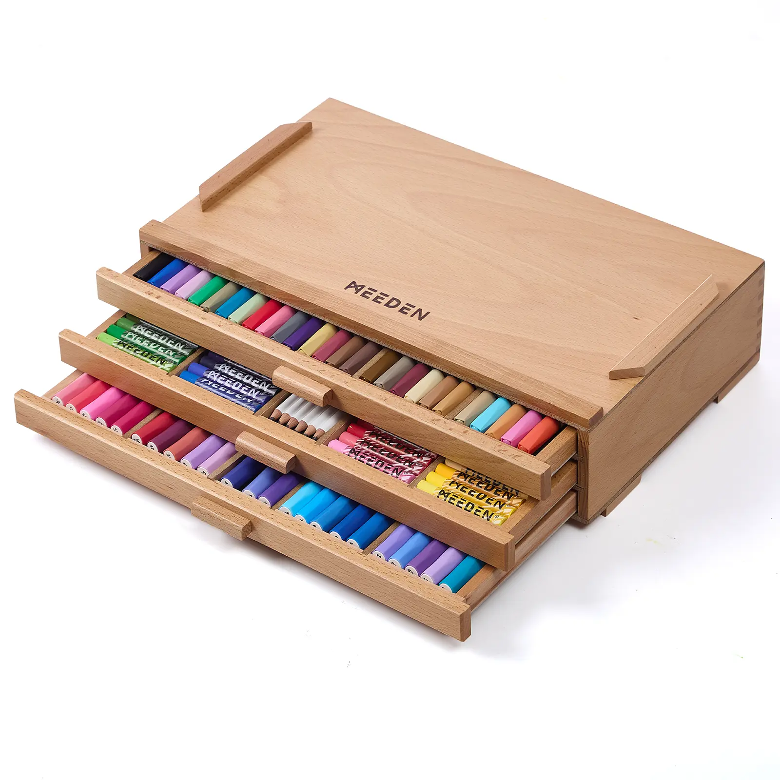 MEEDEN 3-Tier Thickened Solid Beech Wood Artist Storage Box with Removable Dividers, 15.67" Wide Art Drawing Supplies Organizer for Brushes, Pastels, Pencils, Erasers, 15.67" Wide Storage, Thickened Wood