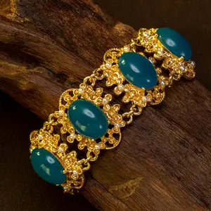 Vintage Gold Filigree Bracelet with Blue Green Gemstones & Pearl Accents